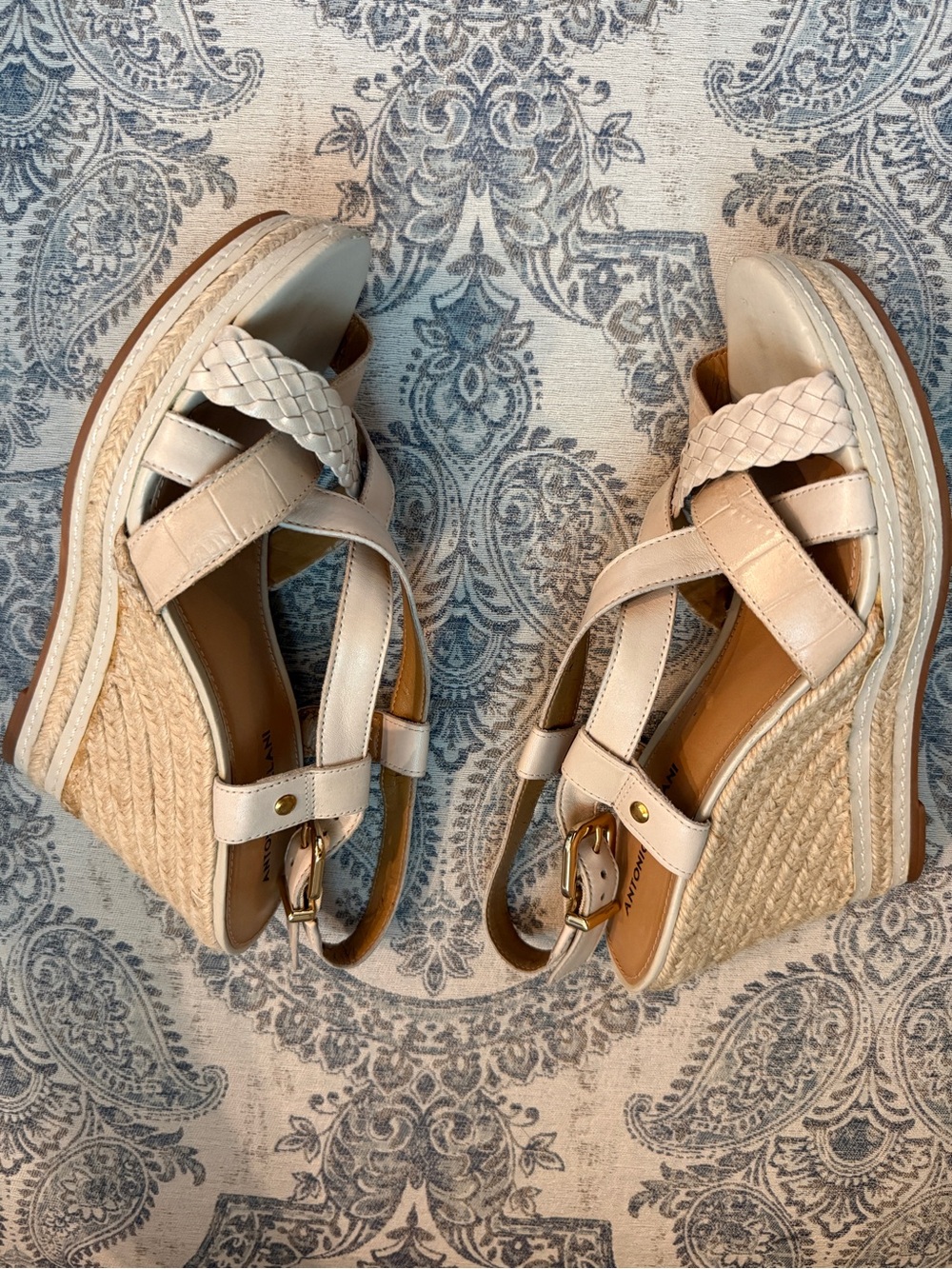 ANTONIO MELANI Cream Braided Espadrille Wedge Sandals